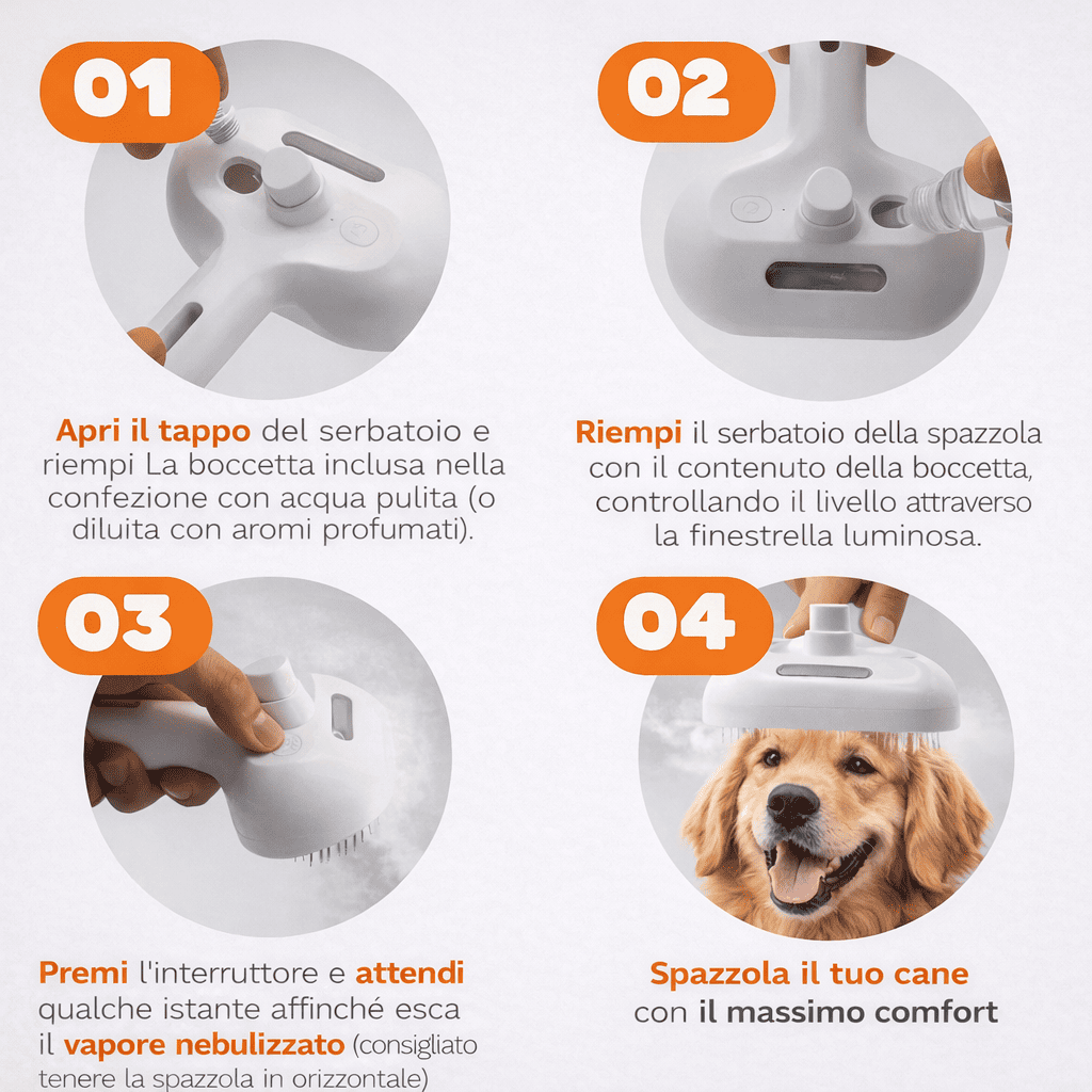 PawBrush™ – Spazzola a Vapore 3 in 1 per Meno Peli e Più Benessere